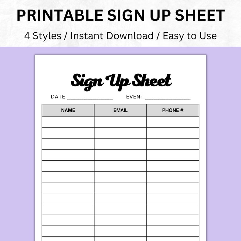 Minimalist Printable Sign up Sheet 4 Styles Included Email Sign up Form