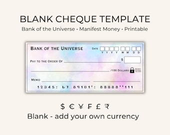Modello di assegno della Banca dell'Universo Assegno di manifestazione Assegno del Vision Board Assegno della legge di attrazione Attrarre l'abbondanza Manifestazione di denaro