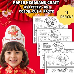 May include: A child wearing a paper headband with a horse illustration and the text "Happy New Year!". The image also shows printable headband designs with the text "Paper Headband Craft" and "11 Designs".