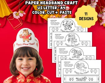 Lunar New Year Crown Coloring Craft Activity: Year of the Horse Chinese New Year, Table Decor Party Favors, Red Envelope, Lantern, Good Luck