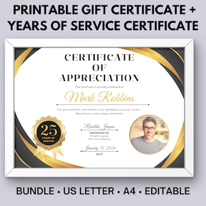 Certificat d'appréciation pour années de service avec photo personnalisée, cadeau de retraite, anniversaire de travail, cadeau d'adieu, certificat personnalisable