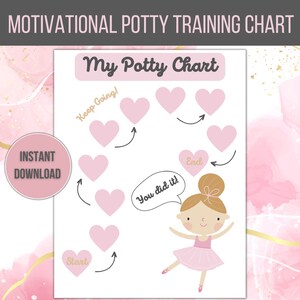 Könnte beinhalten: Ein rosa-weißes, druckbares Töpfchentraining-Diagramm mit einem herzförmigen Pfad. Das Diagramm zeigt den Text "My Potty Chart", "Keep Going!" und "You did it!" mit einer Cartoon-Ballerina am Ende des Pfades.