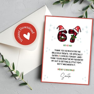 May include: A Christmas card with a red border, featuring the numbers "67" in a plaid pattern, wearing Santa hats. The card includes text that reads "Ho Ho Ho!" and a message from Santa. An envelope and sticker are also visible.