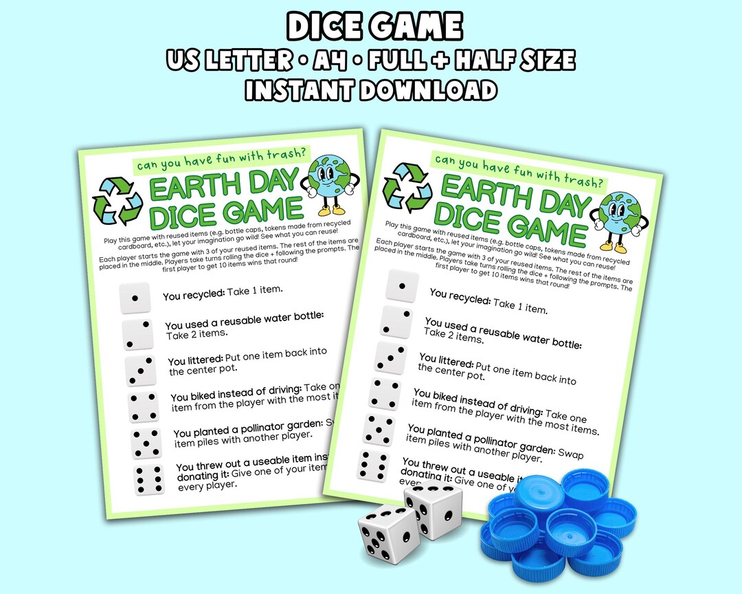 Earth Day Party Game: Printable Dice Game for Kids, Reduce Reuse ...