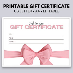 Certificado de regalo imprimible con lazo de coqueta Certificado de regalo personalizado Regalo personalizado personalizable Rosa pastel Descarga instantánea Plantilla fácil
