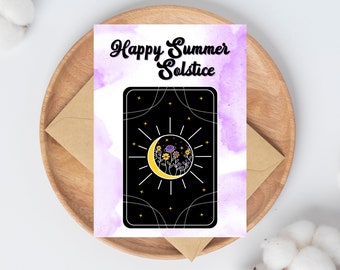 Tarjeta imprimible del solsticio de verano. Tarjeta feliz del solsticio de verano para un amigo. Celebración del solsticio de verano. Carta del tarot de la luna. Impresión del tarot de la flor en casa.