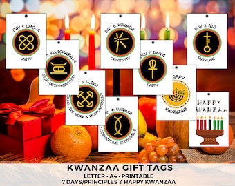 May include: Kwanzaa gift tags with symbols and text for each of the seven principles. The tags are white with black, red, and green accents. The image includes a gift box, fruit, candles, and the words "Happy Kwanzaa!"