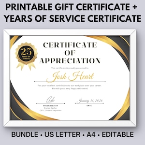 Regalo de agradecimiento por años de servicio, regalo de jubilación, aniversario laboral, regalo de despedida, cupón personalizable, plantilla de certificado moderna