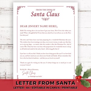 Carta editable de Santa Descarga instantánea Plantilla personalizable Carta linda de Santa Plantilla personalizada simple Plantilla PDF Canva