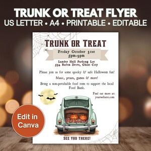 Può includere: Un volantino a tema Halloween con il testo "Trunk or Treat Flyer". Il design presenta un'auto d'epoca con zucche, pipistrelli e una luna piena. Il volantino include anche il testo "Edit in Canva".