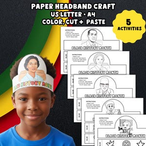 Puede incluir: Un niño lleva una diadema de papel con la inscripción "Black History Month". La imagen muestra plantillas para cinco actividades, con el texto "Paper Headband Craft" e instrucciones para colorear, cortar y pegar.