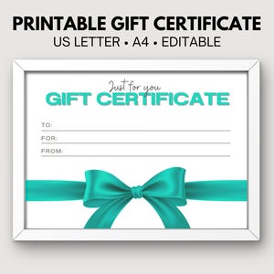 Certificado de regalo imprimible Certificado de regalo personalizado Regalo personalizado personalizable Clásico Verde azulado claro Descarga instantánea Plantilla fácil