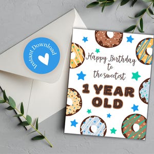 Carte d'anniversaire à imprimer avec beignet pour un an, carte pour bébé le plus adorable des bébés, carte pour 1er anniversaire, carte pour premier anniversaire, carte pour bébé garçon, carte pour beignet, bleu
