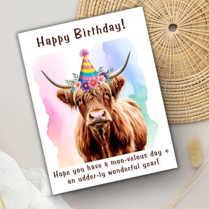 Carte d'anniversaire vache Highland Carte de jeu de mots joyeux anniversaire vache Bovins écossais J'espère que vous avez une belle journée + Udderly Wonderful Year Farm Homestead