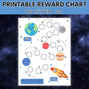 Druckbare Kinder Belohnungstabelle, Potty Diagramm, Topfkalender, Weltraum Kinder Belohnungstabelle, Rocket Ship + Planet Thema, Toiletten-Töpfchen-Training