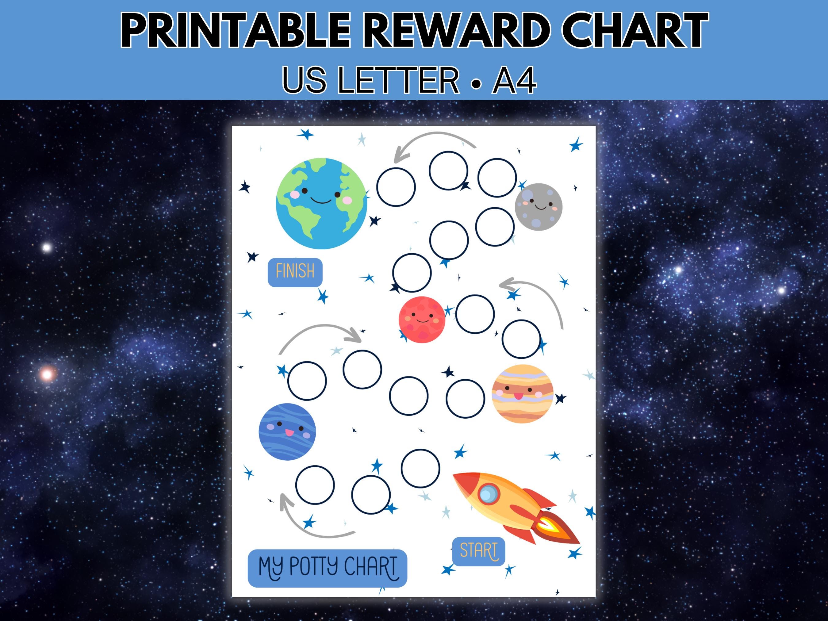 Druckbare Kinder Belohnungstabelle, Potty Diagramm, Topfkalender, Weltraum Kinder Belohnungstabelle, Rocket Ship + Planet Thema, Toiletten-Töpfchen-Training