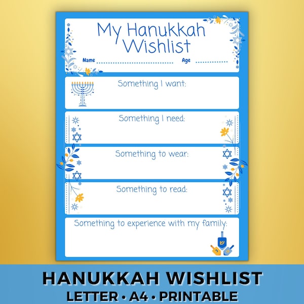 Hanukkah Wishlist Kids Gift Wishlist Template Something to Wear, Read, Experience Something I Want + Need Holiday Wishlist Wishlist Template