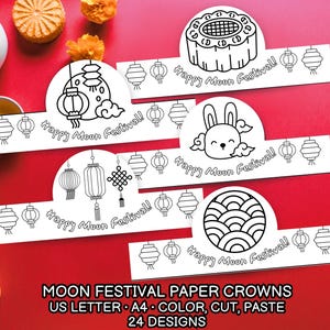 Puede incluir: Una colección de coronas de papel blanco con diseños de arte lineal negro para el Festival de la Luna. Cada corona presenta una ilustración diferente, incluyendo linternas, un conejito y un pastel de luna. El texto "Happy Moon Festival!" está impreso en cada corona. La imagen también incluye el texto "MOON FESTIVAL PAPER CROWNS".