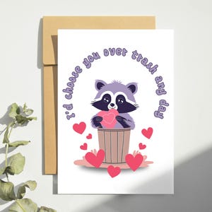 Cartão de panda de lixo para impressão, eu escolheria você em vez do lixo qualquer dia, cartão de aniversário, guaxinim dia dos namorados, guaxinim fofo, cartão engraçado para melhor amiga, amor