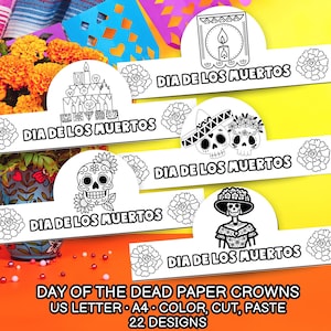 May include: A selection of black and white paper crowns for the Day of the Dead, each with a different design, including sugar skulls and candles. The text "DIA DE LOS MUERTOS" is printed on each crown. The image also includes text that says "DAY OF THE DEAD PAPER CROWNS".