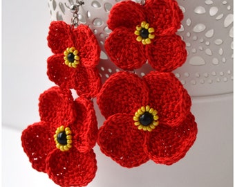 big bright red double poppy earrings, huge red crochet flower earrings, summer flowers earrings, statement summer flowers crochet jewelry