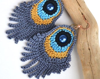 Fantasy Crochet Peacock Feather Earrings with Stainless Steel Earwires in navy, gold, turquoise silk, glass pearls beads for pierced ears