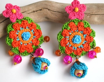 mexican style earrings, funky designer earrings, round crochet earrings, big round crochet earrings, colorful ethnic festival earrings