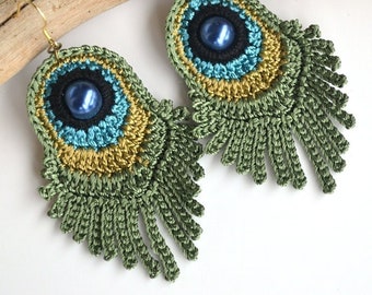 Handcrafted Crochet Peacock Feather Earrings with Sterling Silver Earwires in dark green silk with glass pearls beads for pierced ears