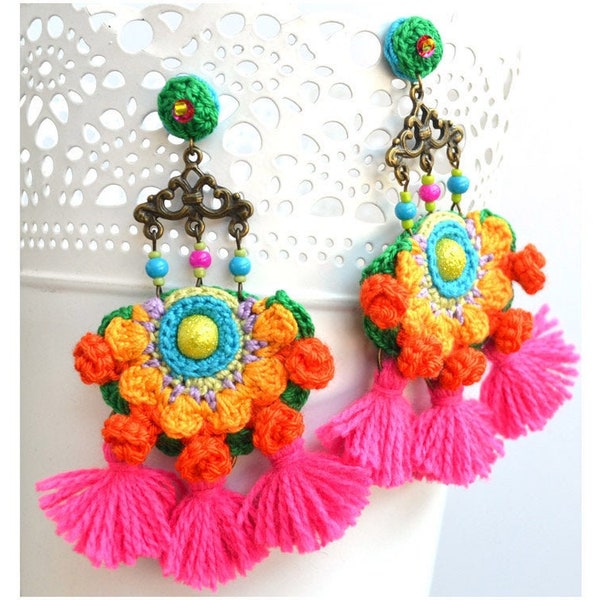 bold modern big semicircular colorful Mexican inspired handmade crochet earrings with hot pink tassels with push back stainless steel clasp