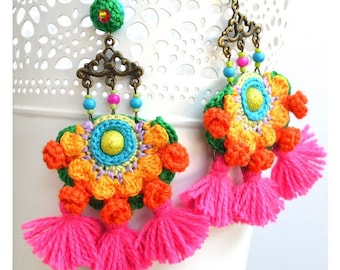 bold modern big semicircular colorful Mexican inspired handmade crochet earrings with hot pink tassels with push back stainless steel clasp