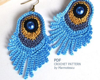 beginner crochet pattern for peacock feather earrings, peacock feathers micro crochet crochet pattern, quick and easy earrings project