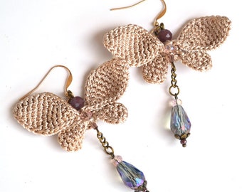 Handcrafted Silk Crochet Beige Butterfly  Earrings with crystal drops and gold filled ear wires, dainty cream butterfly earrings with