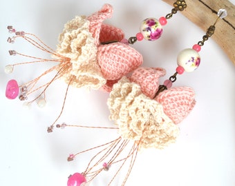 big  pastel pink and beige crochet flower earrings with delicate painted porcelain beads, modern botanical  pink jade crochet jewelry,