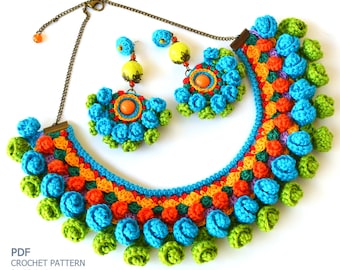 Crochet necklace pattern with earrings, Crochet jewelry pattern for set, Crochet earrings pattern, Tutorial for Crochet Jewelry