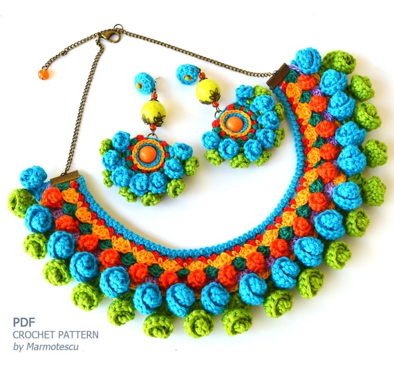 Crochet necklace pattern with earrings, Crochet jewelry pattern for set, Crochet earrings pattern, Tutorial for Crochet Jewelry