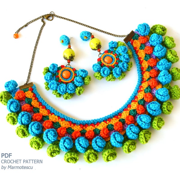 modern crochet pattern for jewelry, necklace and earrings tutorial and patterns, cute set of crochet patterns, quick fun crochet projects