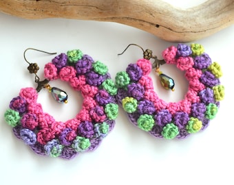 Large Crochet Hoop Earrings with Crystals in Purple, Pink, and Green, huge purple hoop pom pom earrings, statement modern crochet jewelry