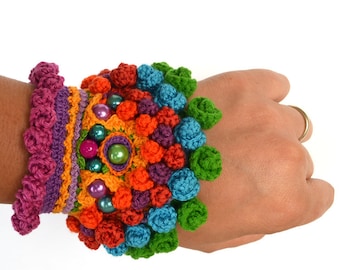 bold large mexican inspied crochet bracelet, colorful chunky ethnic wrist cuff, statement modern crochet jewelry for fearless women