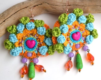 crocheted heart bead earrings in vibrant hues of blue and gren with crystals and large green drops, boho chic Mexican crochet earrings