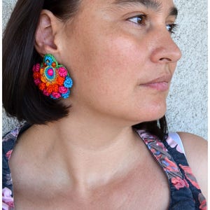 statement big mexican earrings for women, large fun fiesta earrings, colorful artisanal earrings, jewelry inspired by Frida, ethnic earrings image 4