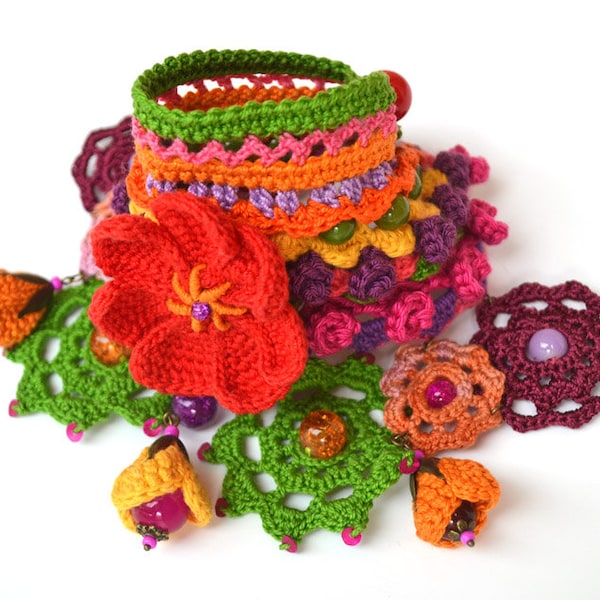 colorful mexican bracelet, large red flower cuff, big colorful bracelet, large ethnic cuff, freeform crochet bracelet