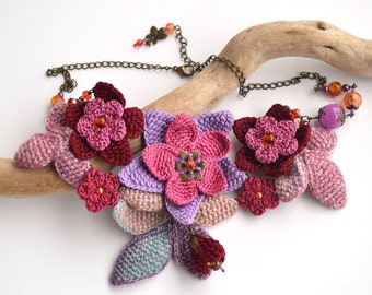 statement cottagecore purple floral necklace for women, big  artistic flower necklace, wearable art piece, unique crochet jewelry for women