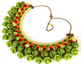 modern big green crochet necklace embroidered with sequins, artisanal ethnic jewelry for women, collar boho mexican necklace