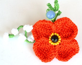 Handcrafted Crochet Poppy Flower Hairclip - Floral Elegance for Your Tresses, Large Red Poppy Hair Clip with white daisies and blue beads