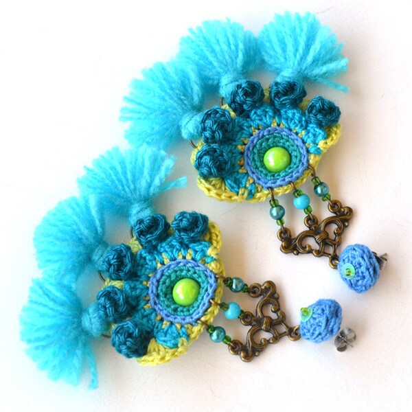 teal earrings, blue green earrings, colorful festival earrings, mexican earrings, large tassel earrings, neon earrings, funky earrings