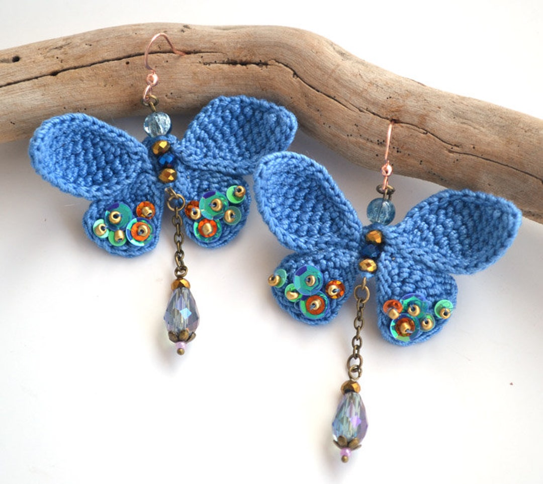 Statement Big Blue Crochet Butterfly Earrings Embroidered With Etsy
