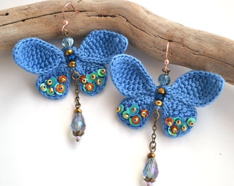 statement big blue crochet butterfly earrings embroidered with sequins, blue crystal drop butterfly dangles, nature inspired crochet jewelry