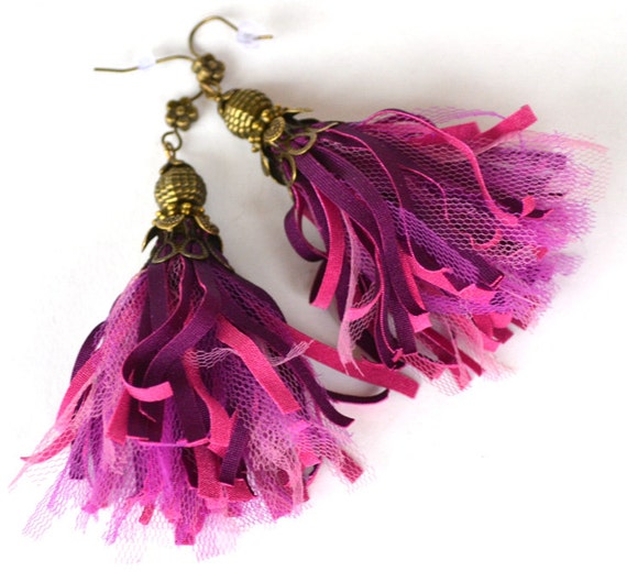 Items similar to fabric tassel earrings, large pink tassel earrings