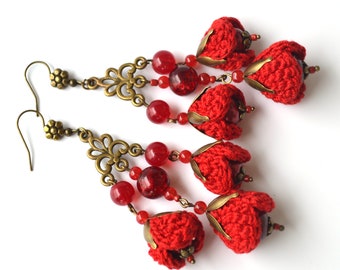 Long Red Crochet Boho Flowers Chandelier Earrings with Glass Pearls, dainty cottagecore berry red crochet flower dangles earrings