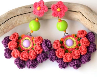 big chunky crochet pom pom earrings in bright purple hues with huge neon green beads, ethnic floral maximalist jewelry for women